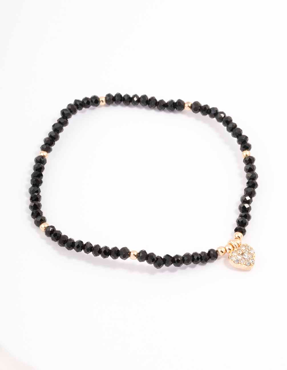 Black Beaded Simple Toggle Heart Charm Bracelet