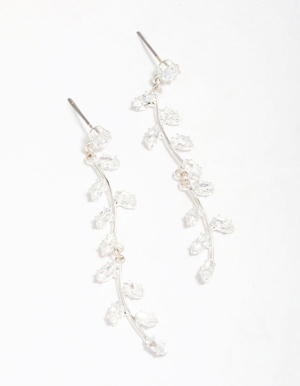 Silver Plated Long Swirling Cubic Zirconia Vine Drop Earrings