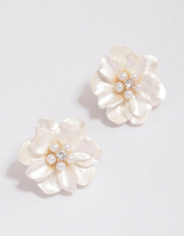 Gold Plated White Flower Cubic Zirconia Stud Earrings