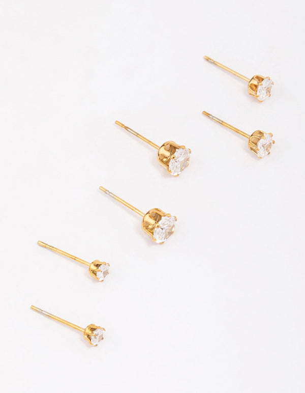 Gold Plated Surgical Steel Graduating Cubic Zirconia Stud Earring 3-Pack