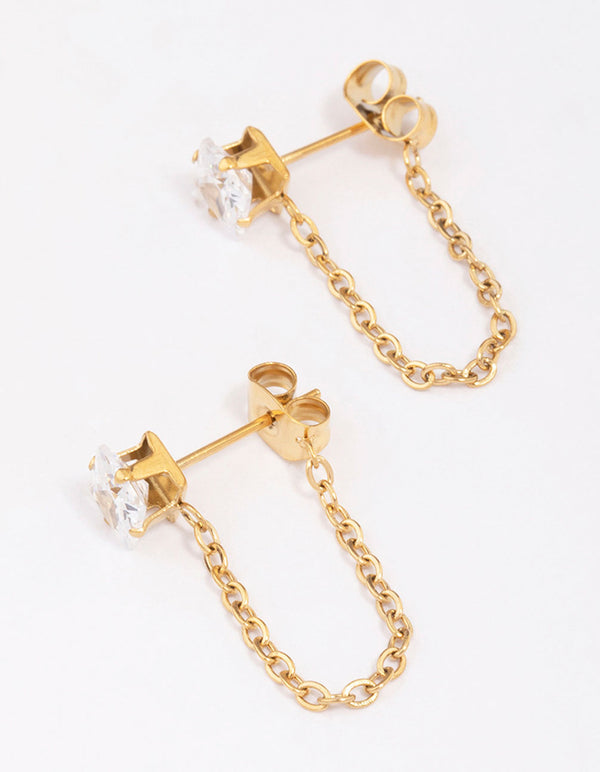 Gold Plated Surgical Steel Square Cubic Zirconia Chain Drop Earrings
