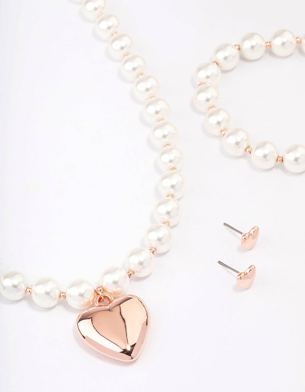 Rose Gold Pearl Puffy Heart Matching Jewellery Set