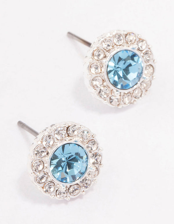 Silver Aqua Crystal Halo Stud Earrings