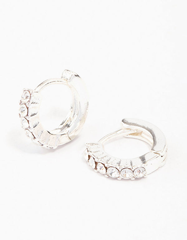 Silver Crystal Huggie Hoop Earrings