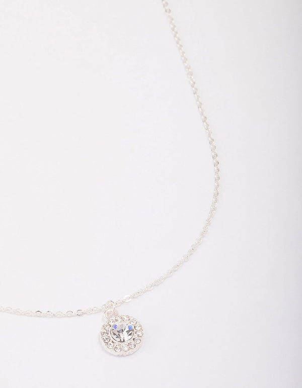 Silver Pear Crystal Halo Pendant Necklace