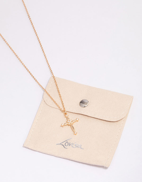 Gold Ornate Diamante Cross Pendant Necklace