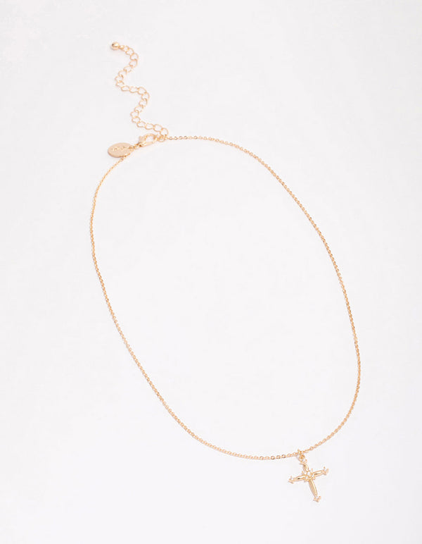 Gold Ornate Diamante Cross Pendant Necklace