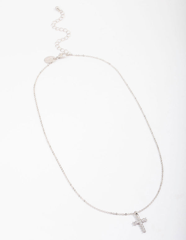 Silver Bezel Diamante Cross Necklace