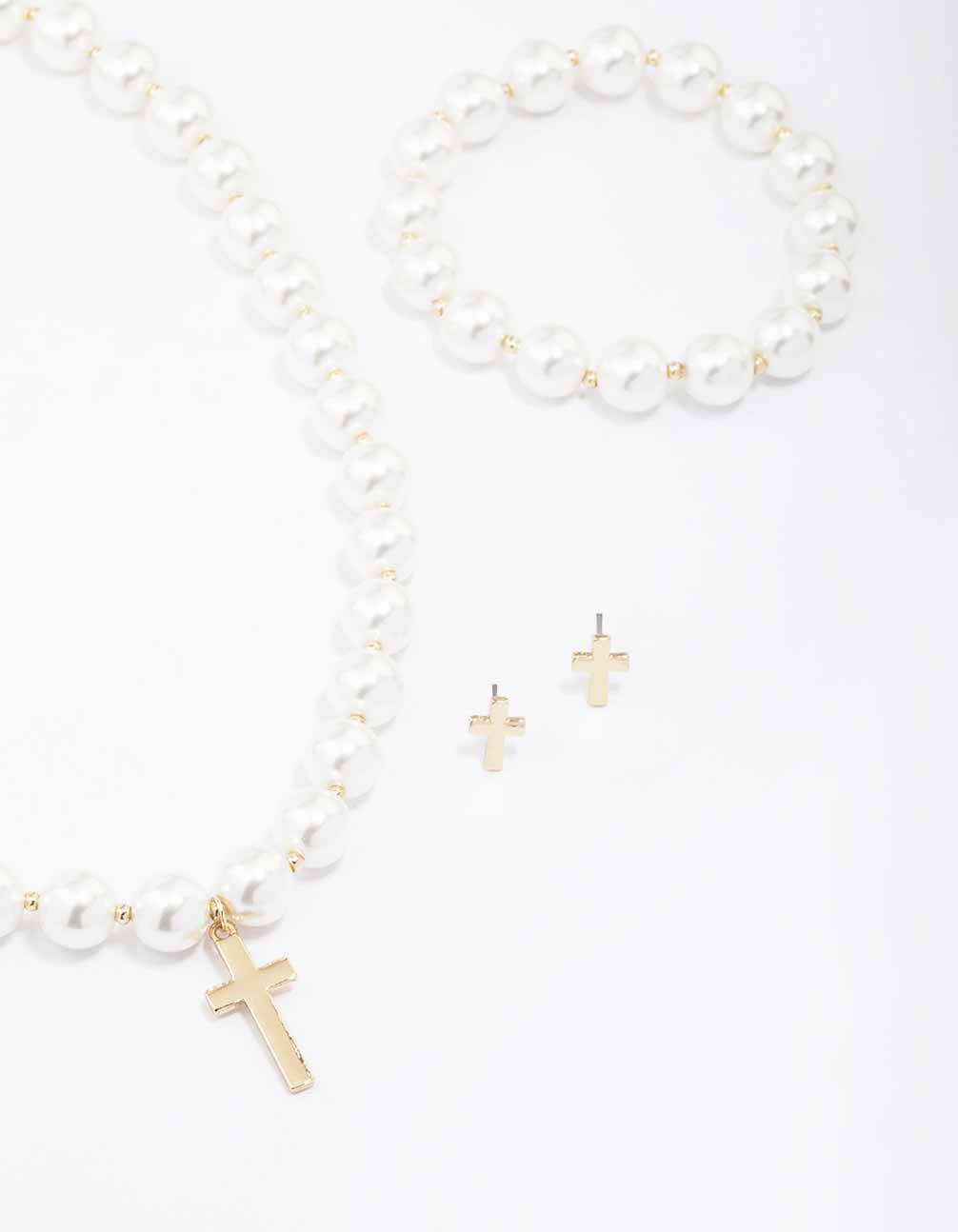 Gold Pearl Cross Matching Jewellery Set
