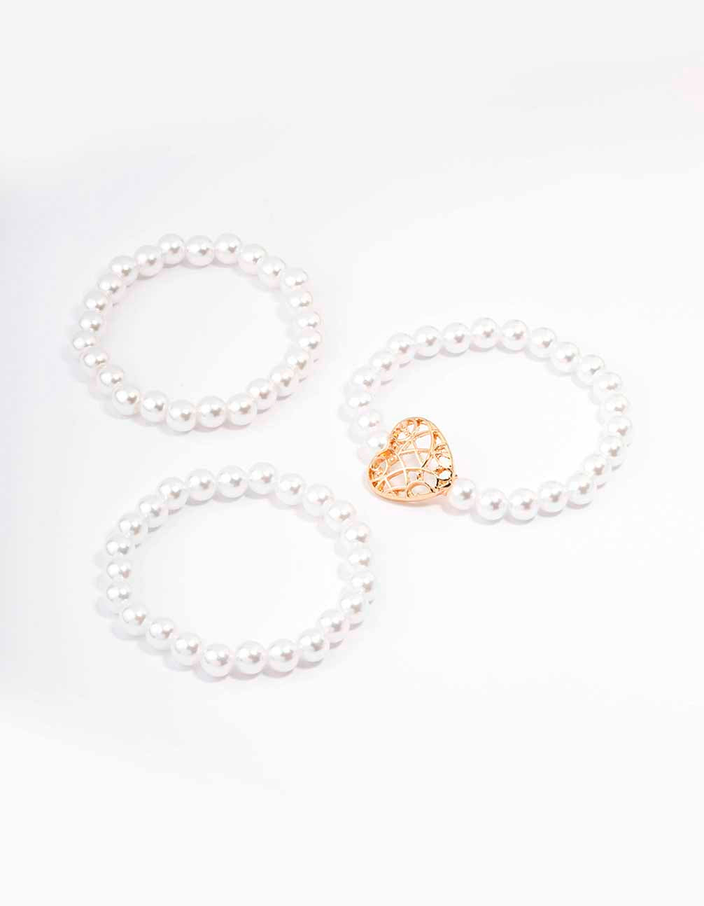 Gold Heart Pearl Bracelet 3-Pack
