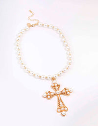 Gold Pearl Large Cross Pendant Necklace - link has visual effect only