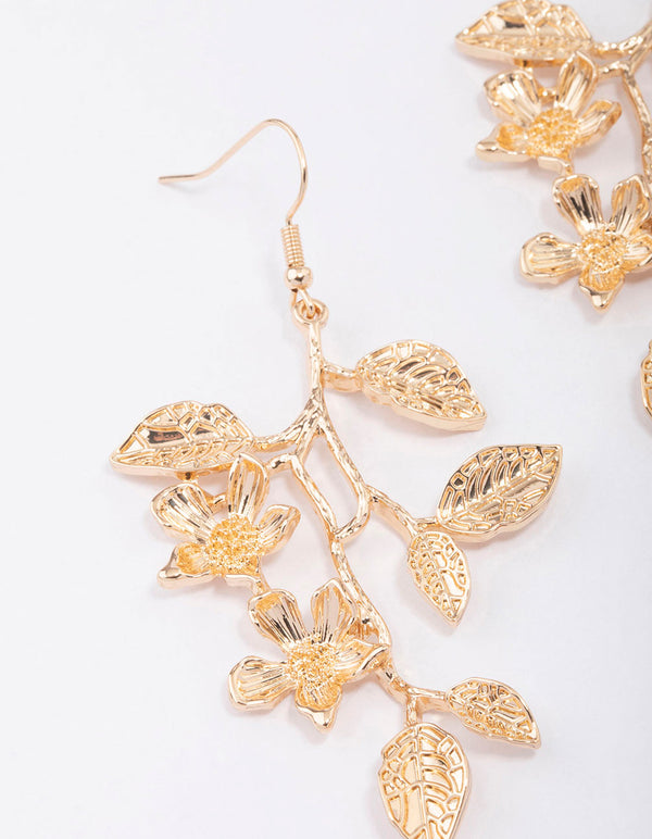 Gold Long Leaves Drop Earrings