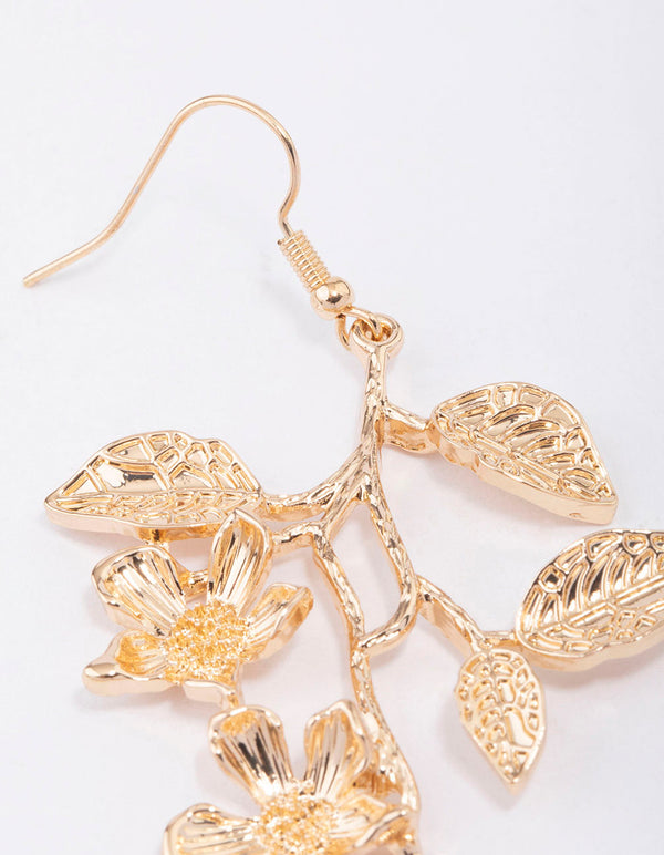 Gold Long Leaves Drop Earrings
