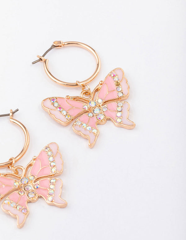 Gold Small Butterfly Pendant Drop Hoop Earrings