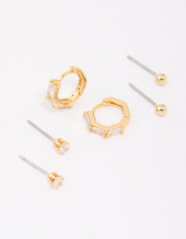 Gold Plated Baguette Gold Ball Earring 6-Pack