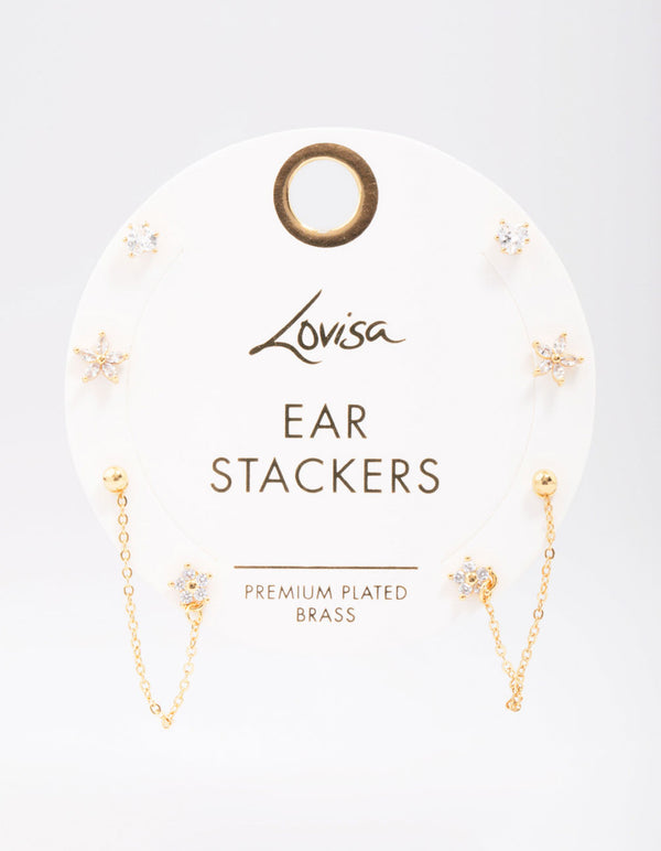 Gold Plated Brass Heart & Flower Chain Earring 4-Pack