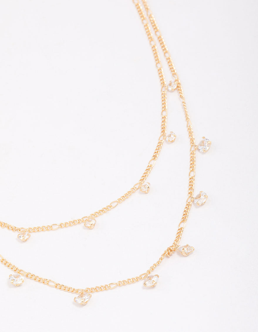 Gold Plated Brass Double Cubic Zirconia Droplet Layered Necklace