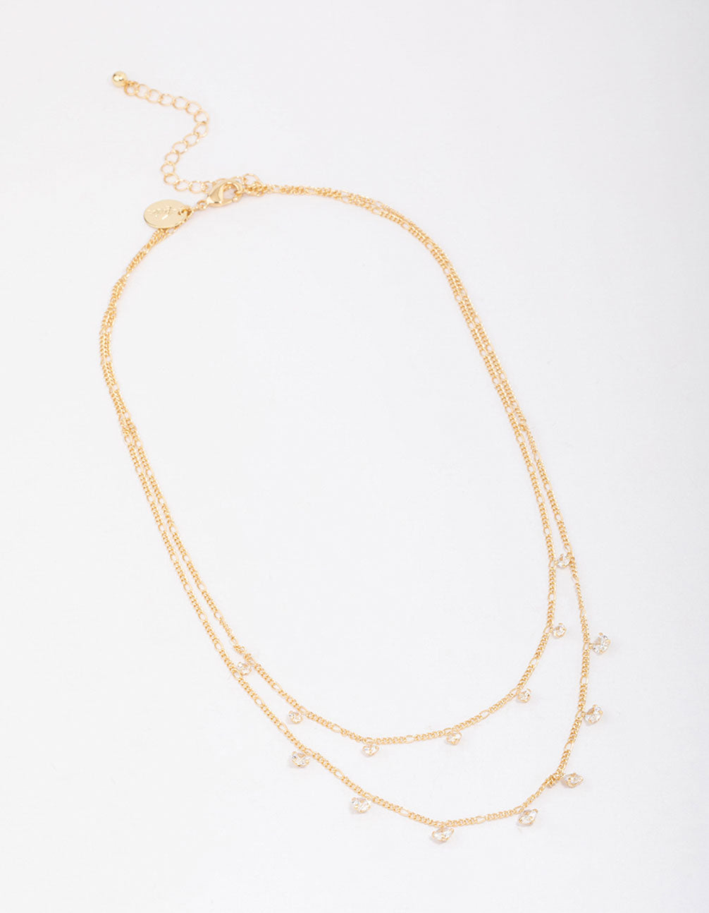 Gold Plated Brass Double Cubic Zirconia Droplet Layered Necklace