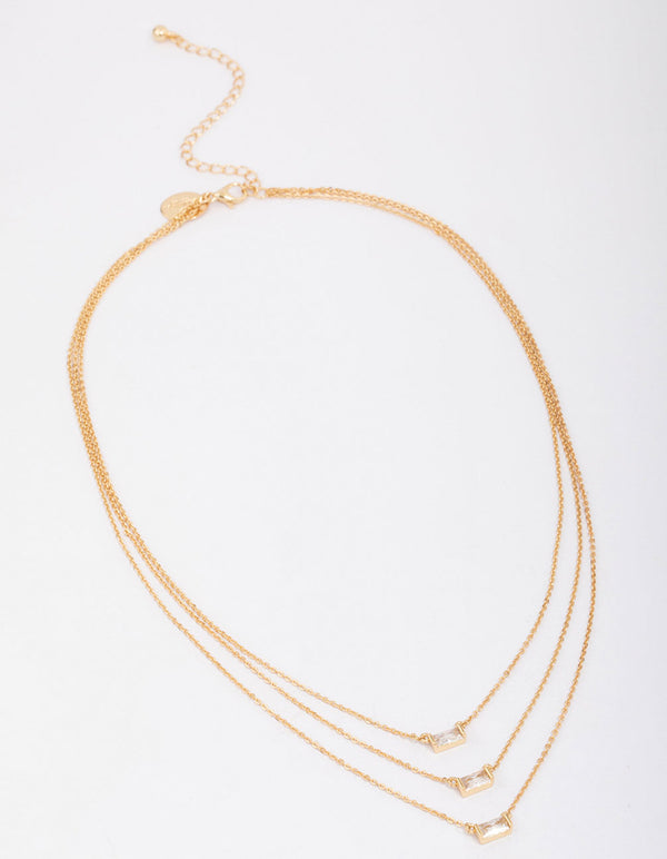 Gold Plated Brass Trio Baguette Layered Necklace