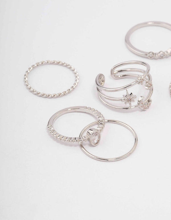 Silver Cubic Zirconia Moon & Stars Ring 5-Pack