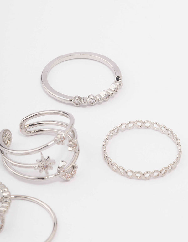 Silver Cubic Zirconia Moon & Stars Ring 5-Pack