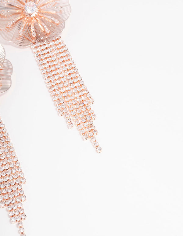 Rose Gold Flower Diamante Cup Chain Drop Earrings
