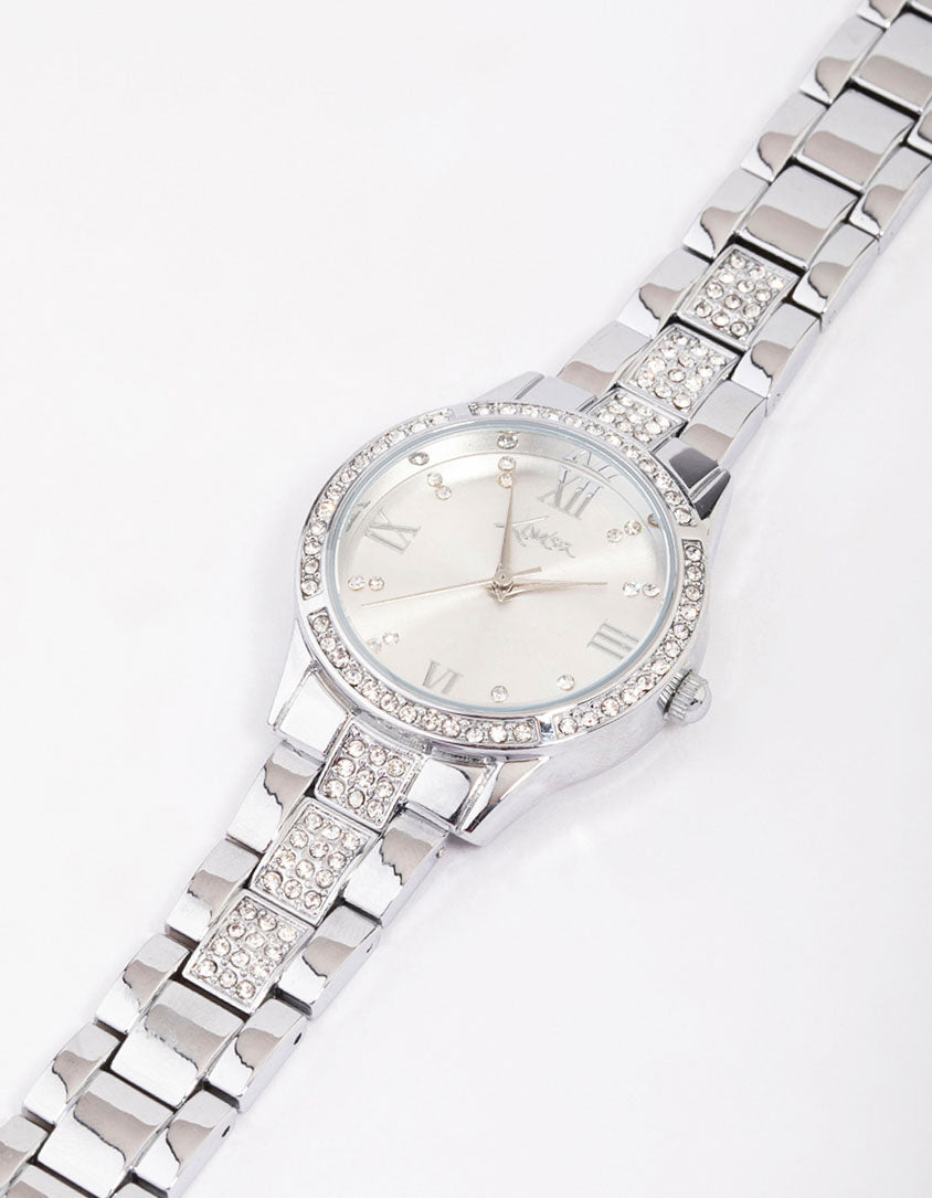 Explore this diamante detailed link watch with roman numbers, silver tone dial, round shape, formal occasion, women's analog timepiece in link-band strap watch face detail view