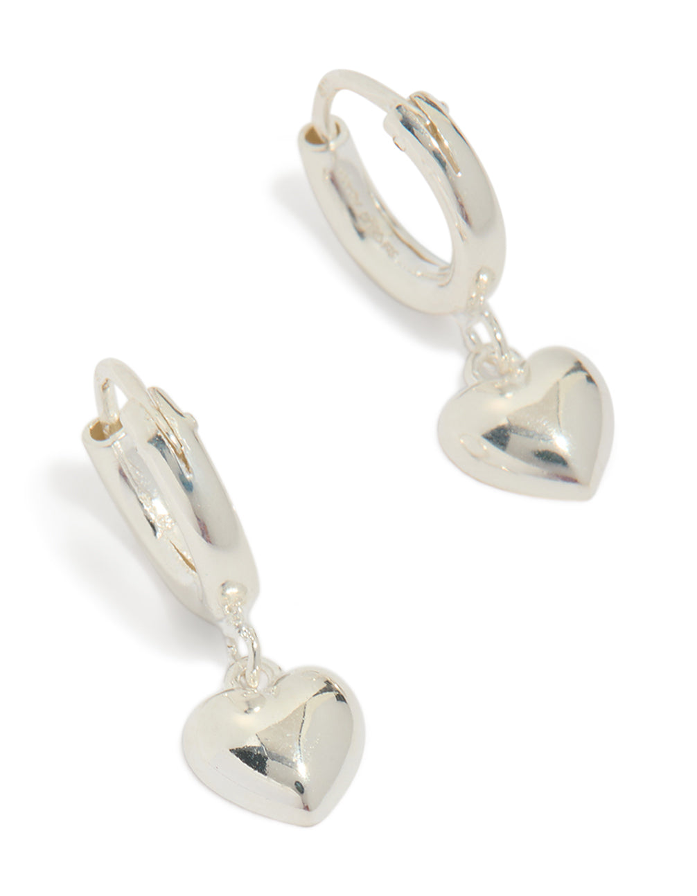 Featuring sterling silver chubby heart hoop earrings front view