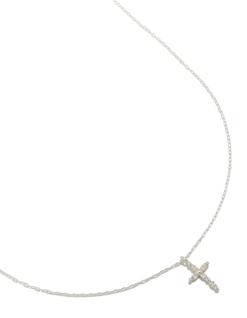 Showcasing a dainty cross necklace crafted from sterling silver with marquise cut cubic zirconia in a delicate pendant design close up view