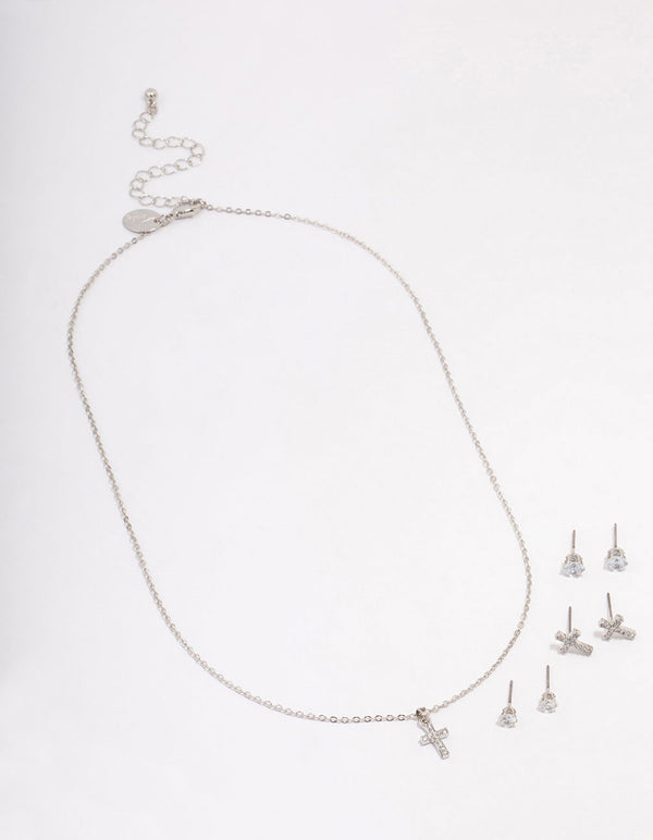 Silver Cross Necklace & Earring Jewellery Set