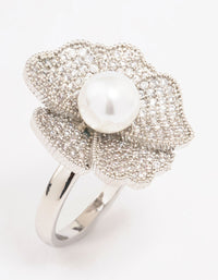 Rhodium Large Flower & Pearl Ring - link has visual effect only
