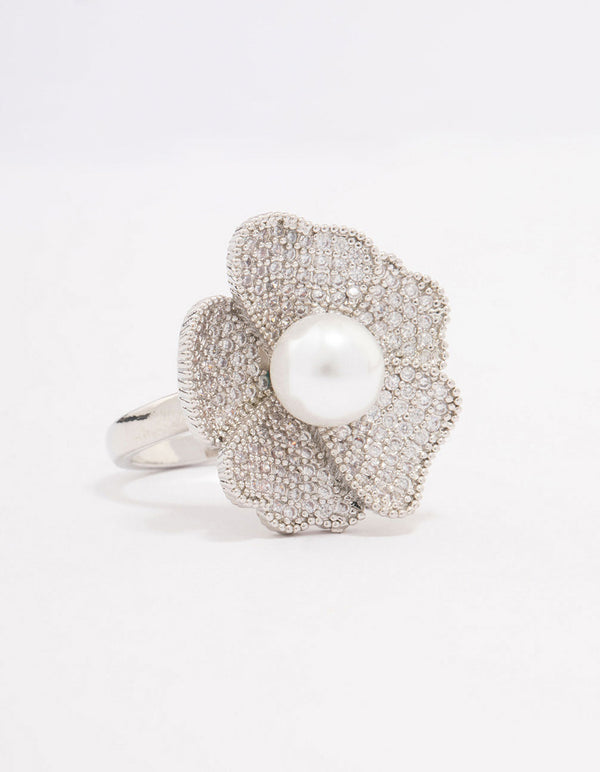 Rhodium Large Flower & Pearl Ring