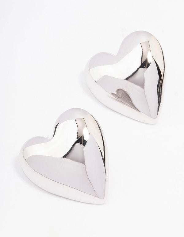 Rhodium Puffy Heart Stud Earrings