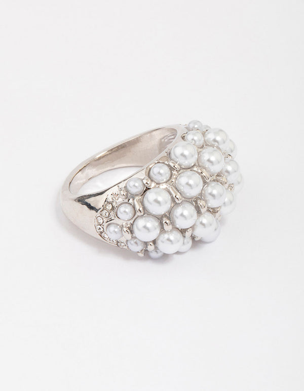 Rhodium Domed Pearl Cocktail Ring