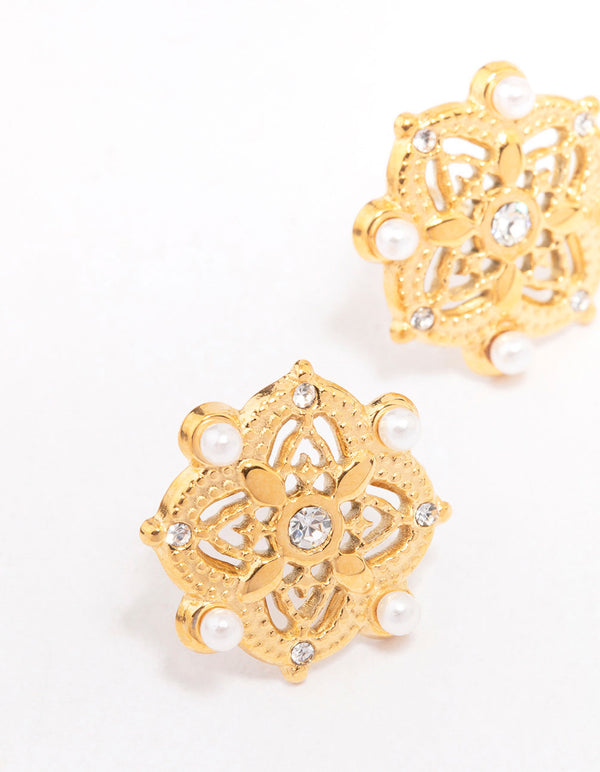 Waterproof Gold Plated Stainless Steel Diamante & Pearl Boho Stud Earrings