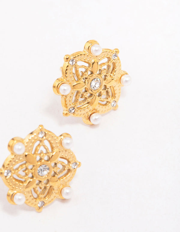Waterproof Gold Plated Stainless Steel Diamante & Pearl Boho Stud Earrings