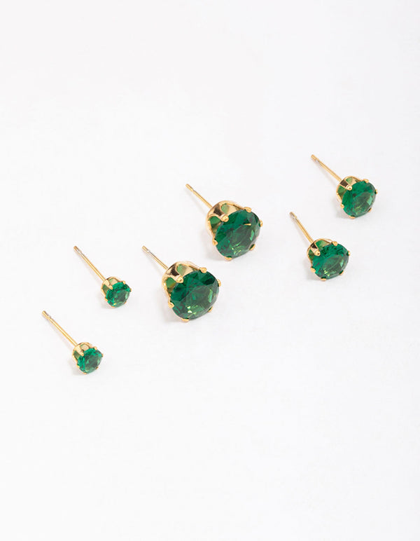 Gold Plated Stainless Steel Graduating Emerald Cubic Zirconia Earring 3-Pack