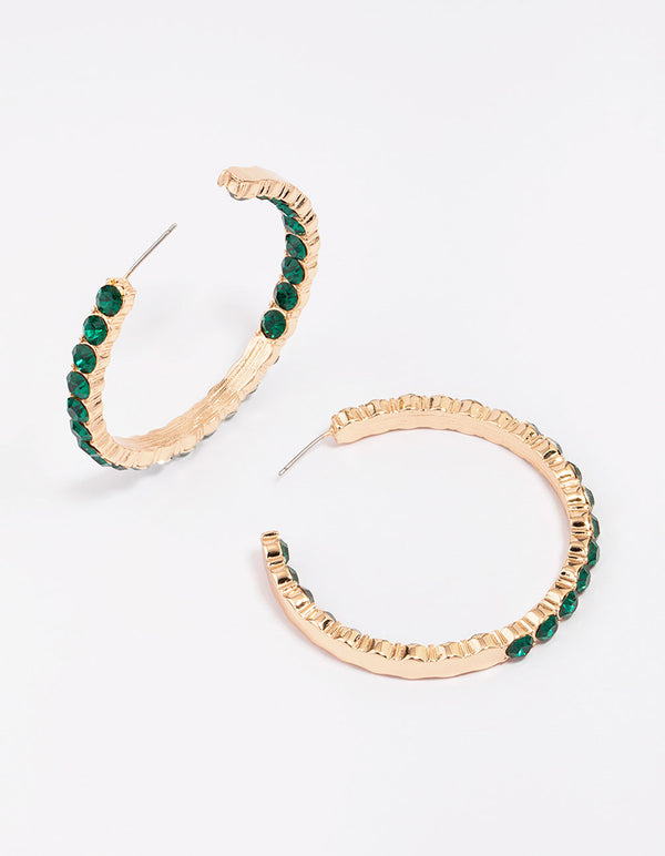 Gold Emerald Stone Hoop Earrings