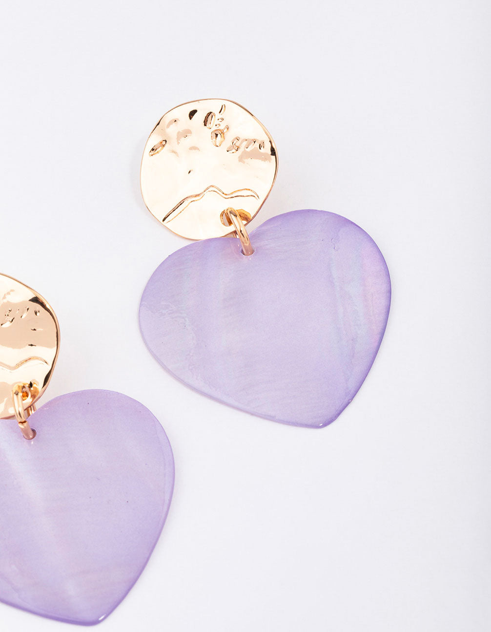 Gold & Lilac Genuine Shell  Iridescent Heart Drop Earrings