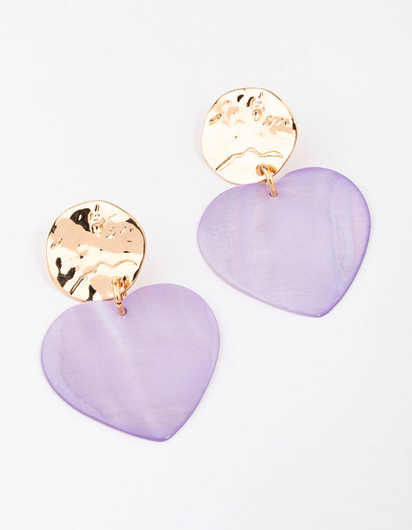 Gold & Lilac Genuine Shell  Iridescent Heart Drop Earrings