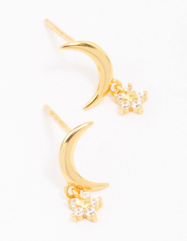 Gold Plated Sterling Silver Moon & Star Stud Earrings