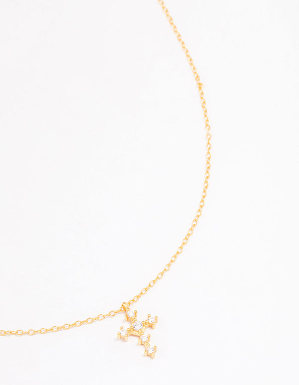Gold Plated Sterling Silver Cubic Zirconia Round Cross Chain Necklace