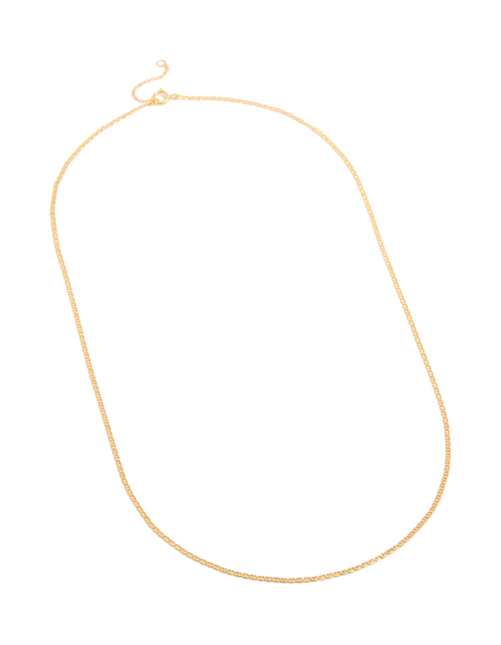 Featuring gold plated sterling silver material, this long chain necklace with dainty design front view