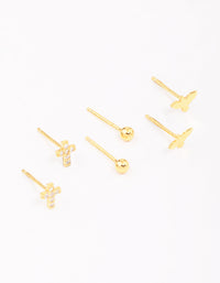 Gold Plated Sterling Silver Bird & Rose Stud Earring 3-Pack - link has visual effect only