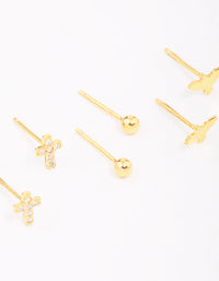 Gold Plated Sterling Silver Bird & Rose Stud Earring 3-Pack - link has visual effect only