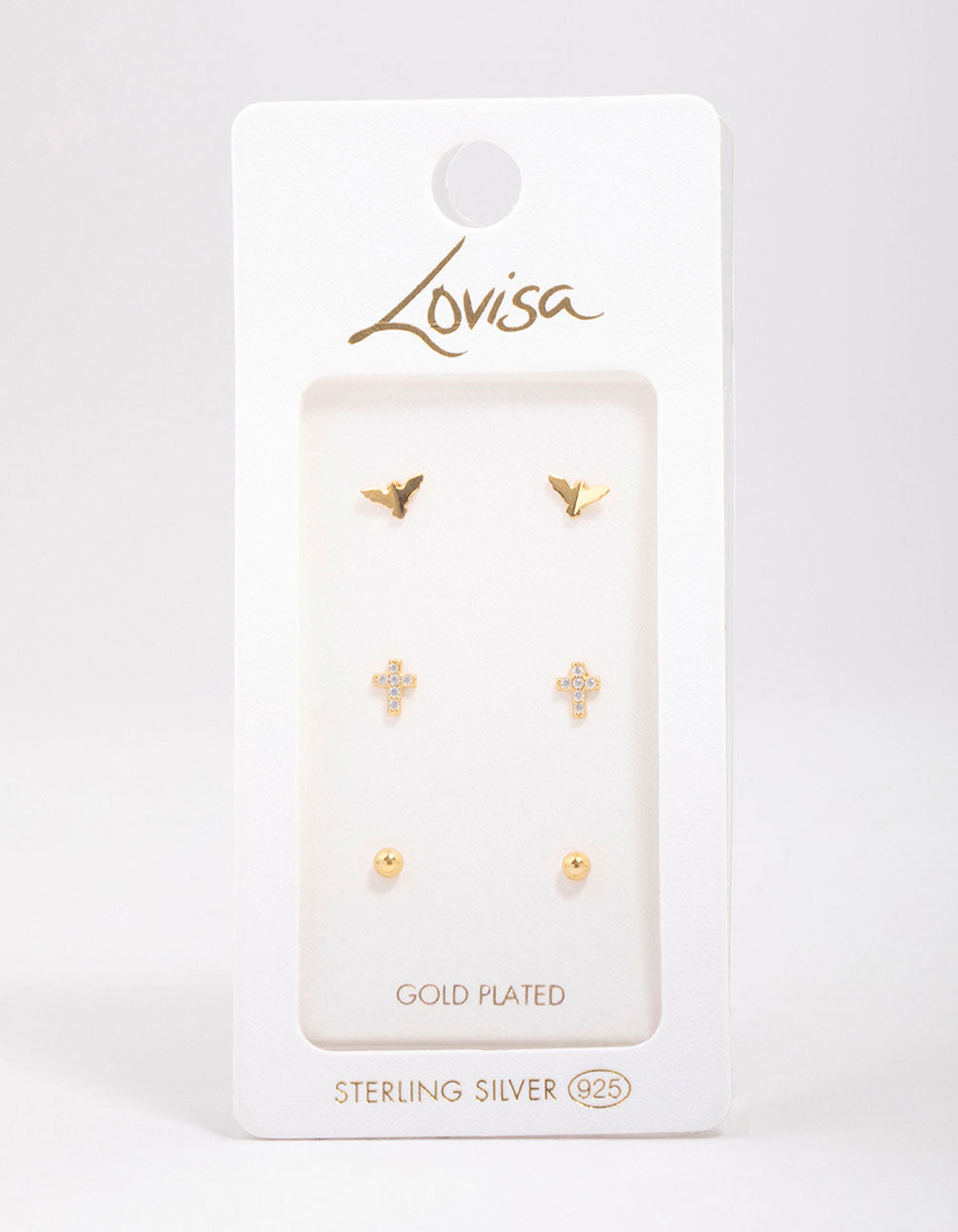 Gold Plated Sterling Silver Bird & Rose Stud Earring 3-Pack