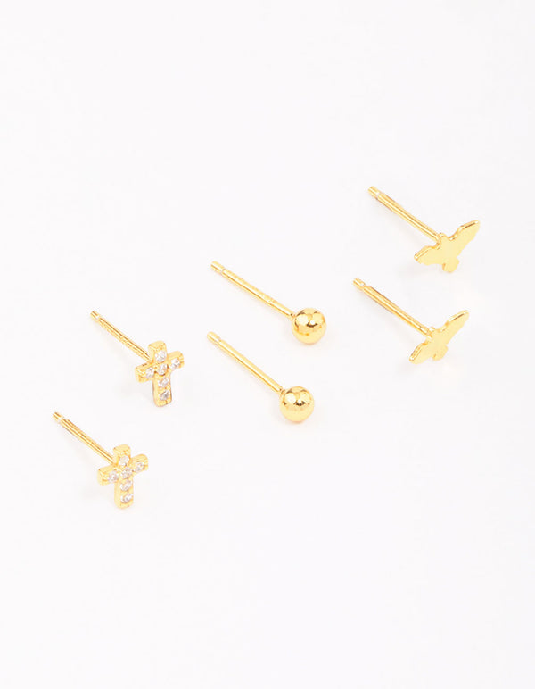 Gold Plated Sterling Silver Bird & Rose Stud Earring 3-Pack