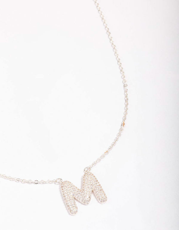 Letter M Silver Plated Pave Pendant Initial Necklace