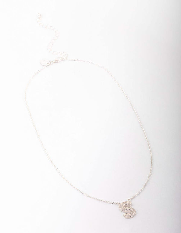 Letter S Silver Plated Brass  Pave Pendant Initial Necklace