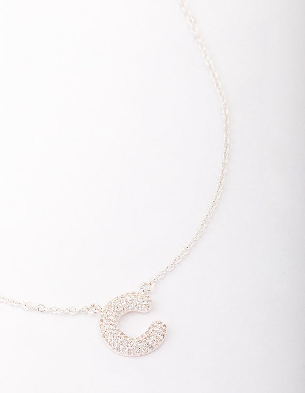 Letter C Silver Plated Pave Pendant Initial Necklace